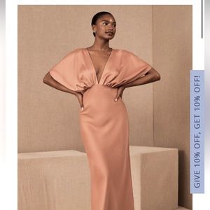 BHLDN Leila Deep V, flutter sleeve satin A-line Anthropologie Bridesmaid dress.